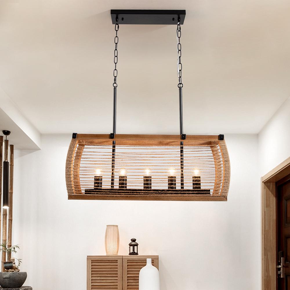 Rustic 5-Light Kitchen Island Linear Rectangle Pendant Light Wood Washed & Jute Rope