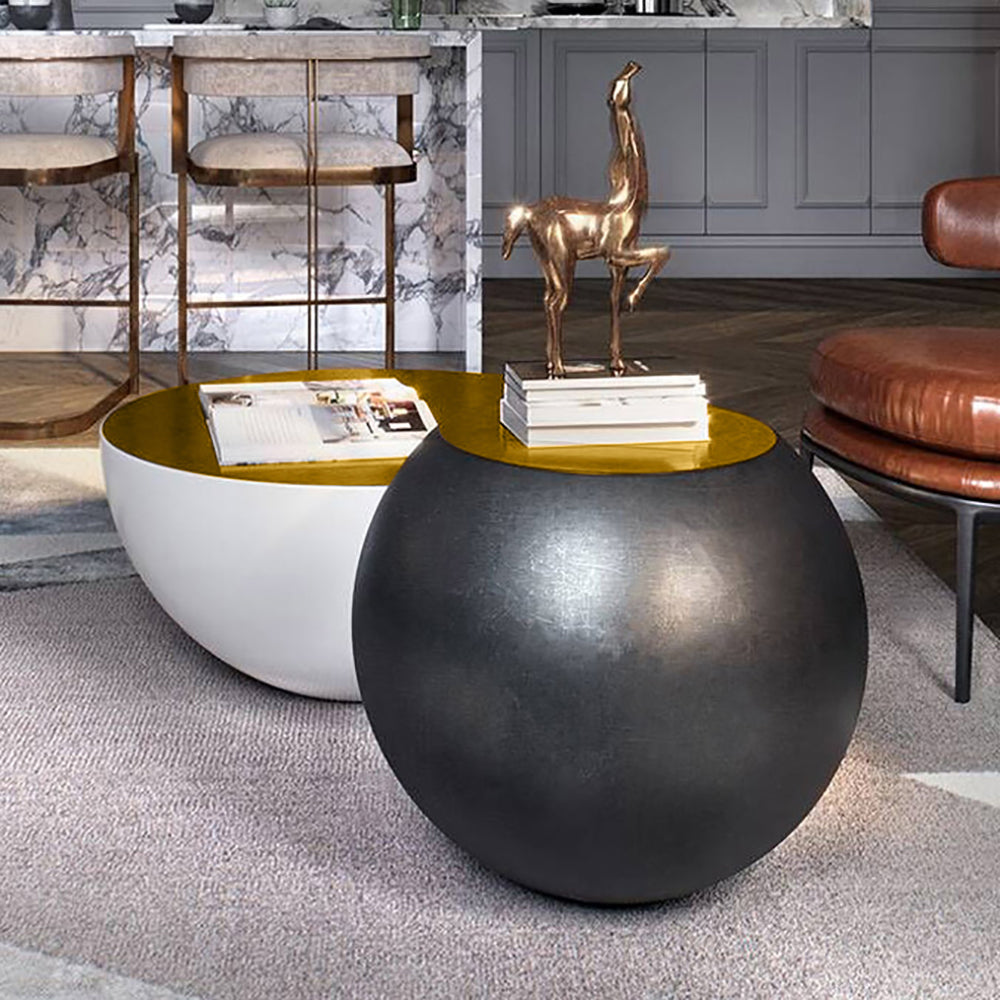 Modern Black & White Bowl-Shaped & Drum Shaped Coffe Table Set with Round Brown Top