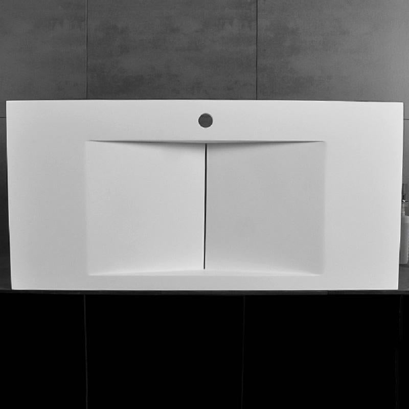 Glossy White Wall-Mount Floating Sink Solid Surface Stone Resin Bathroom V-Shaped Sink