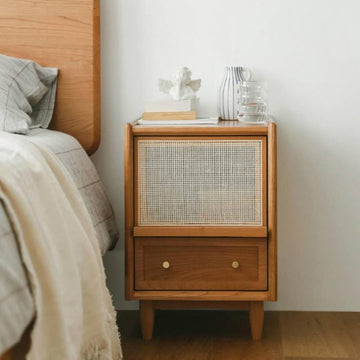 Rustic Rattan Nightstand Simple Walnut Bedroom with Storage Solid Wood Bedside Table