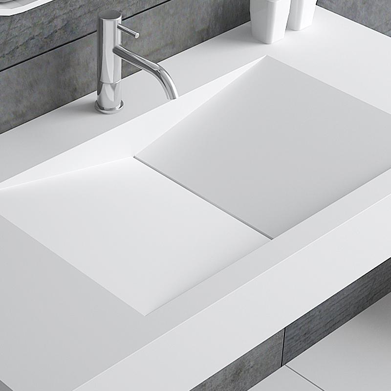 Glossy White Wall-Mount Floating Sink Solid Surface Stone Resin Bathroom V-Shaped Sink