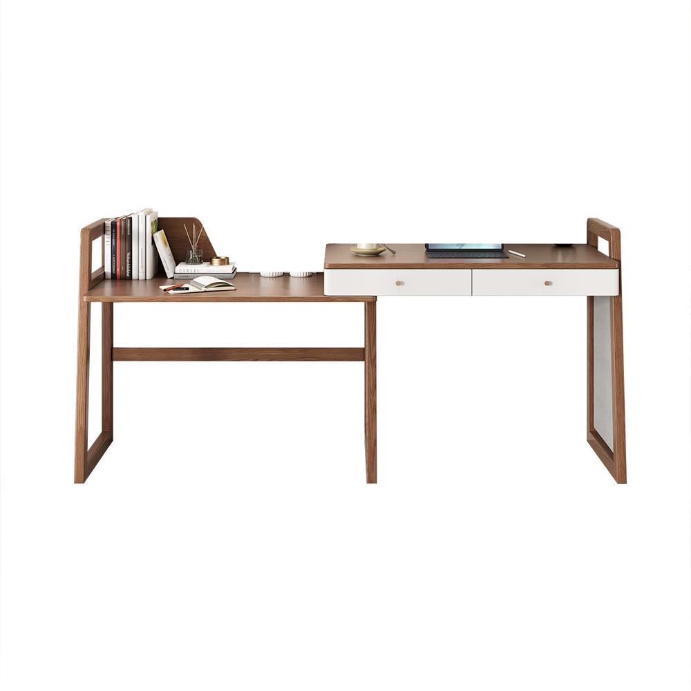 Modern I Shaped Desk Retracted & Extendable Corner Walnut Desk with Storage & 2 Drawers