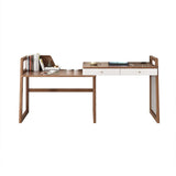Modern I Shaped Desk Retracted & Extendable Corner Walnut Desk with Storage & 2 Drawers