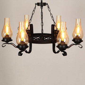 Massie Vintage Chimney Glass Shade Lámpara de araña de 6 luces Rueda de carro de metal negro