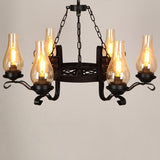 Massie Vintage Chimney Glass Shade 6-Light Chandelier Black Metal Wagon Wheel