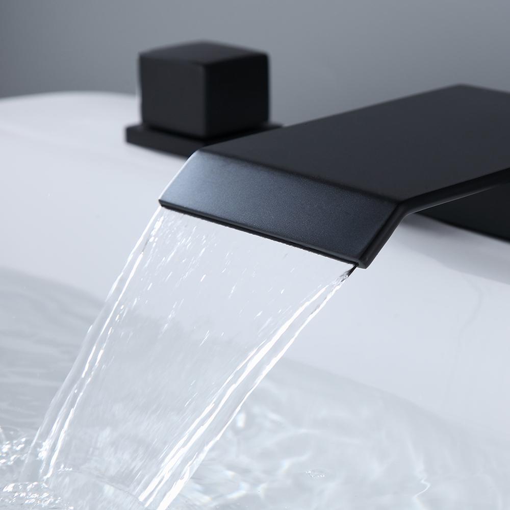 Moda Matte Black Waterfall Widespread Bathroom Sink Faucet Square Double Handle