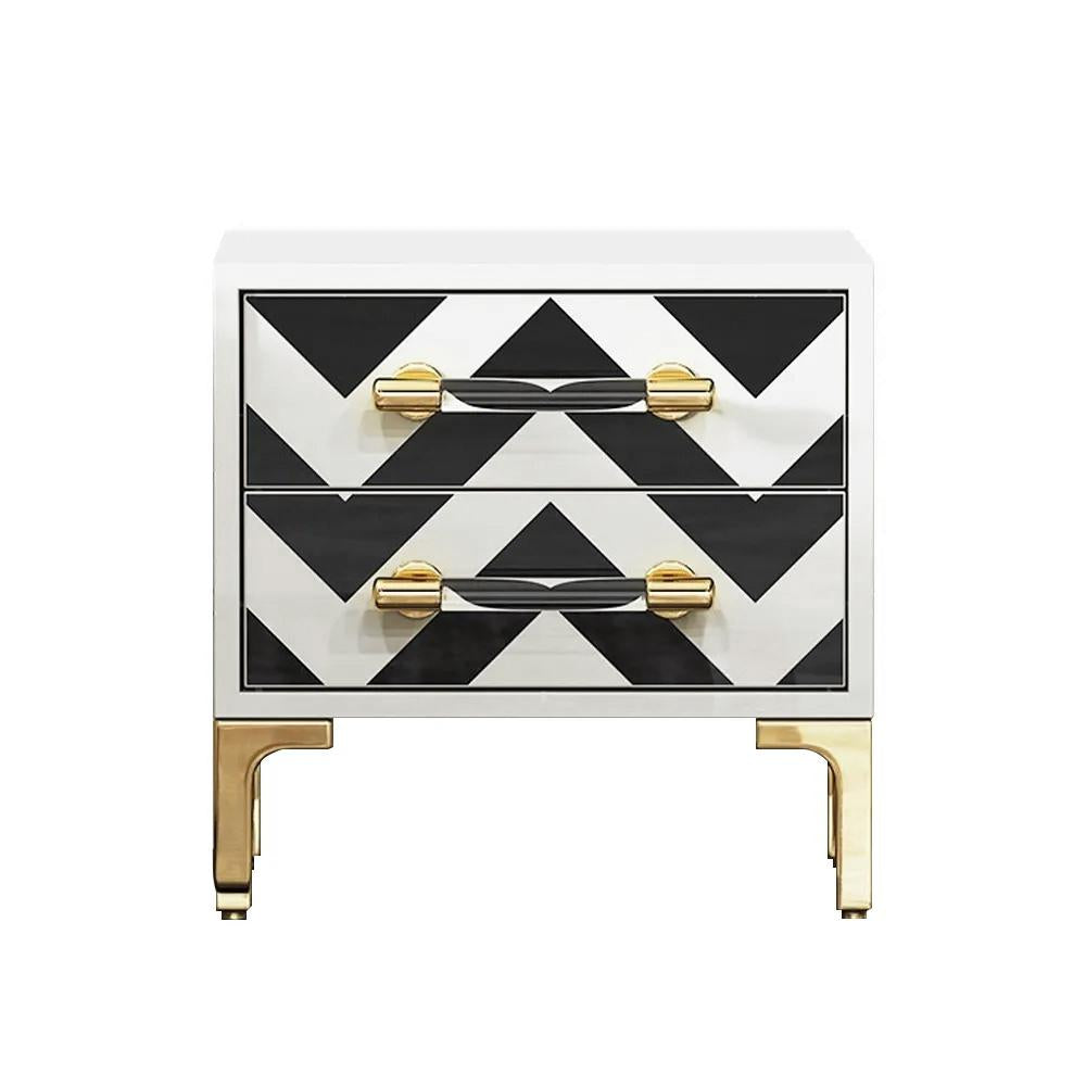 2 Drawers Black & White Nightstand with Drawer Mid-Century Bedside Table Gold Legs