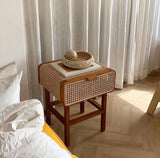 Wooden Walnut Nightstand Rattan Drawer for Bedroom Living Room Storage Bedside Table