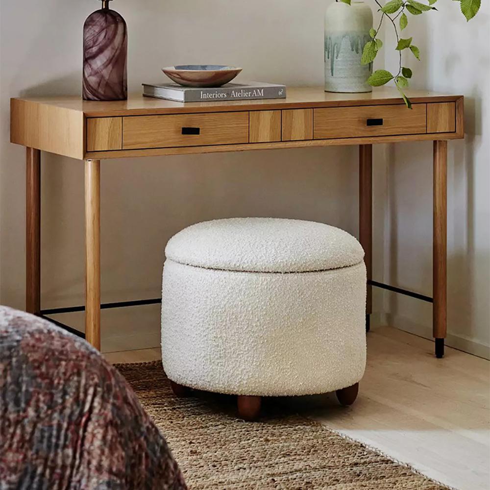 White Boucle Vanity Stool with Flip Top Storage Round Ottoman, Walnut Legs