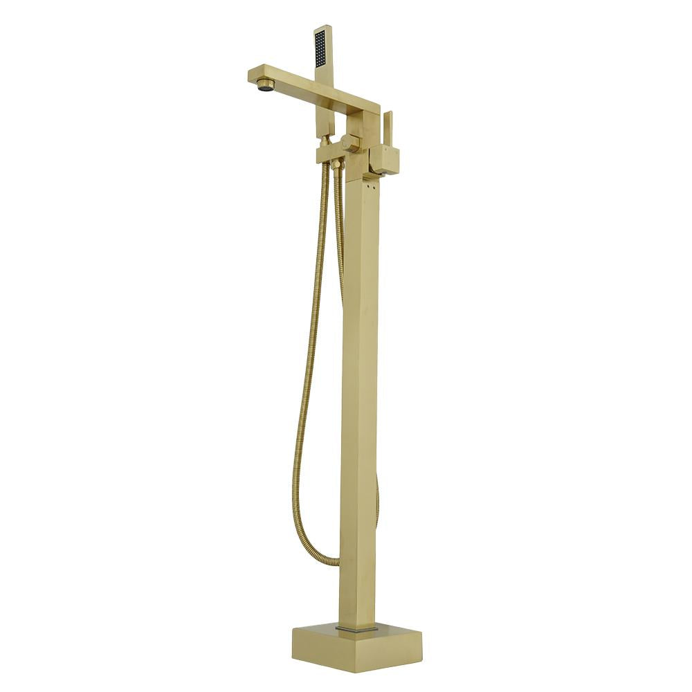 Dree Brushed Gold Freestanding Tub Filler Floor Mount Bathtub Faucet with Hand Shower