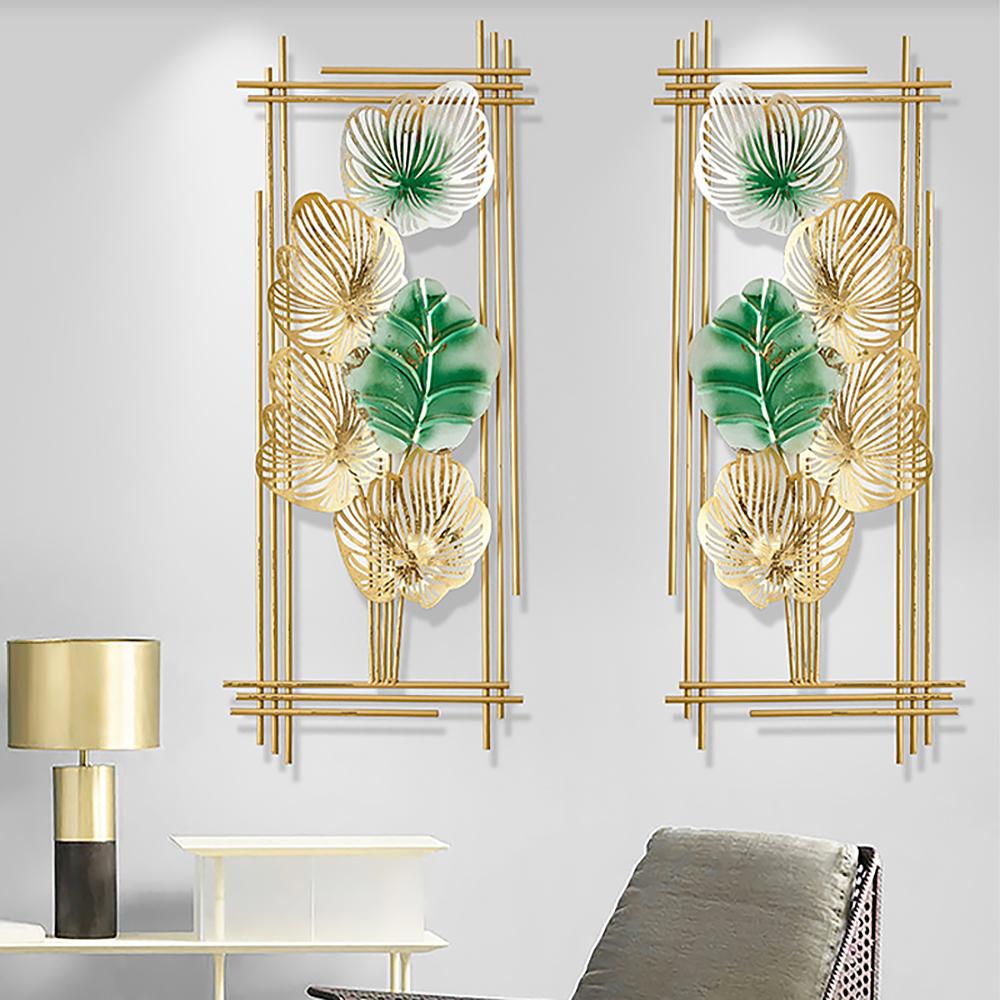 2 Pieces Metal Leaf Framed Wall Decor Gold & Green Rectangle