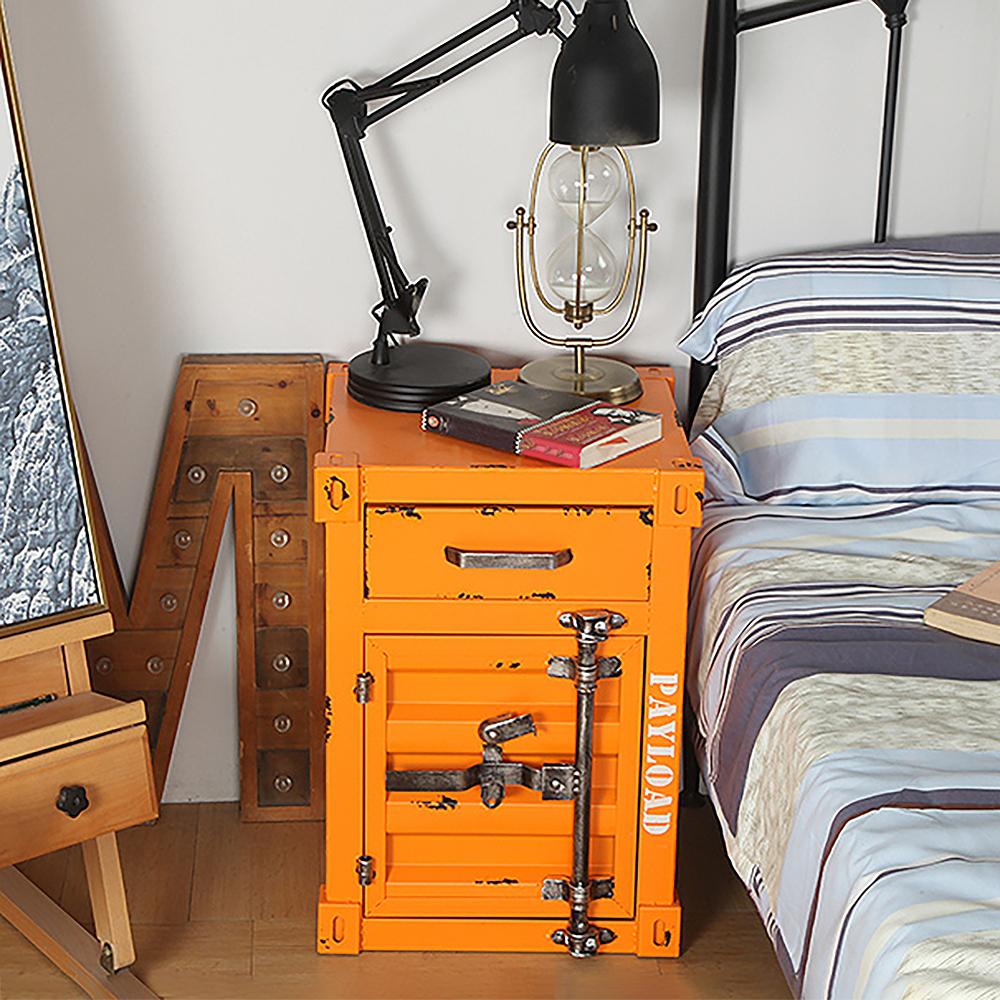 Industrial Loft Red Nightstand Retro Bedside Storage Cabinet with Door & Drawer