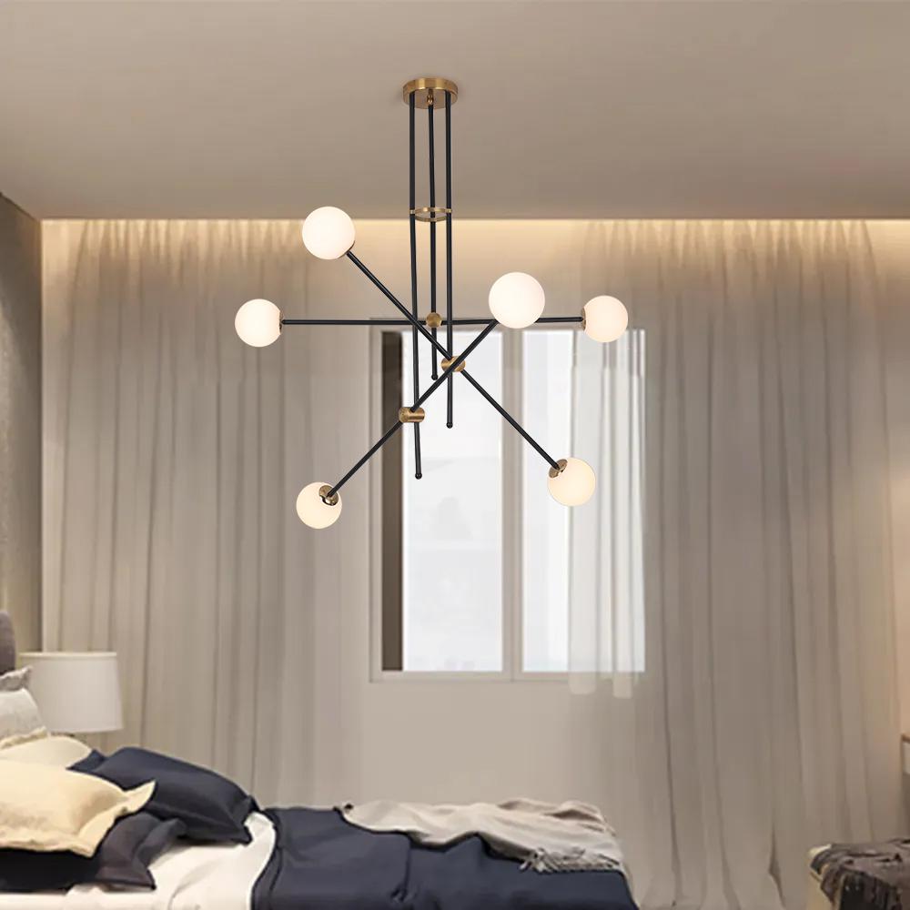 Moderner 12-Licht-Sputnik-Kronleuchter mit warmem Licht in Schwarz und Gold