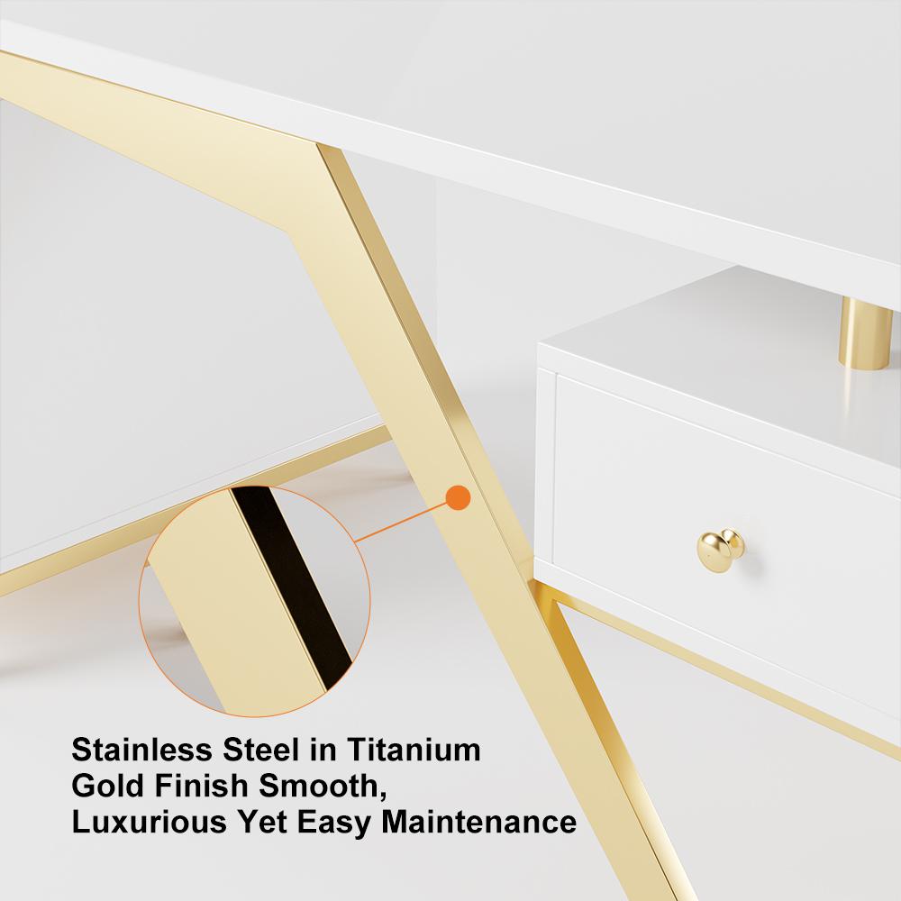 55" Ultra Modern White and Gold Computer Writing Desk with Storage & Drawer
