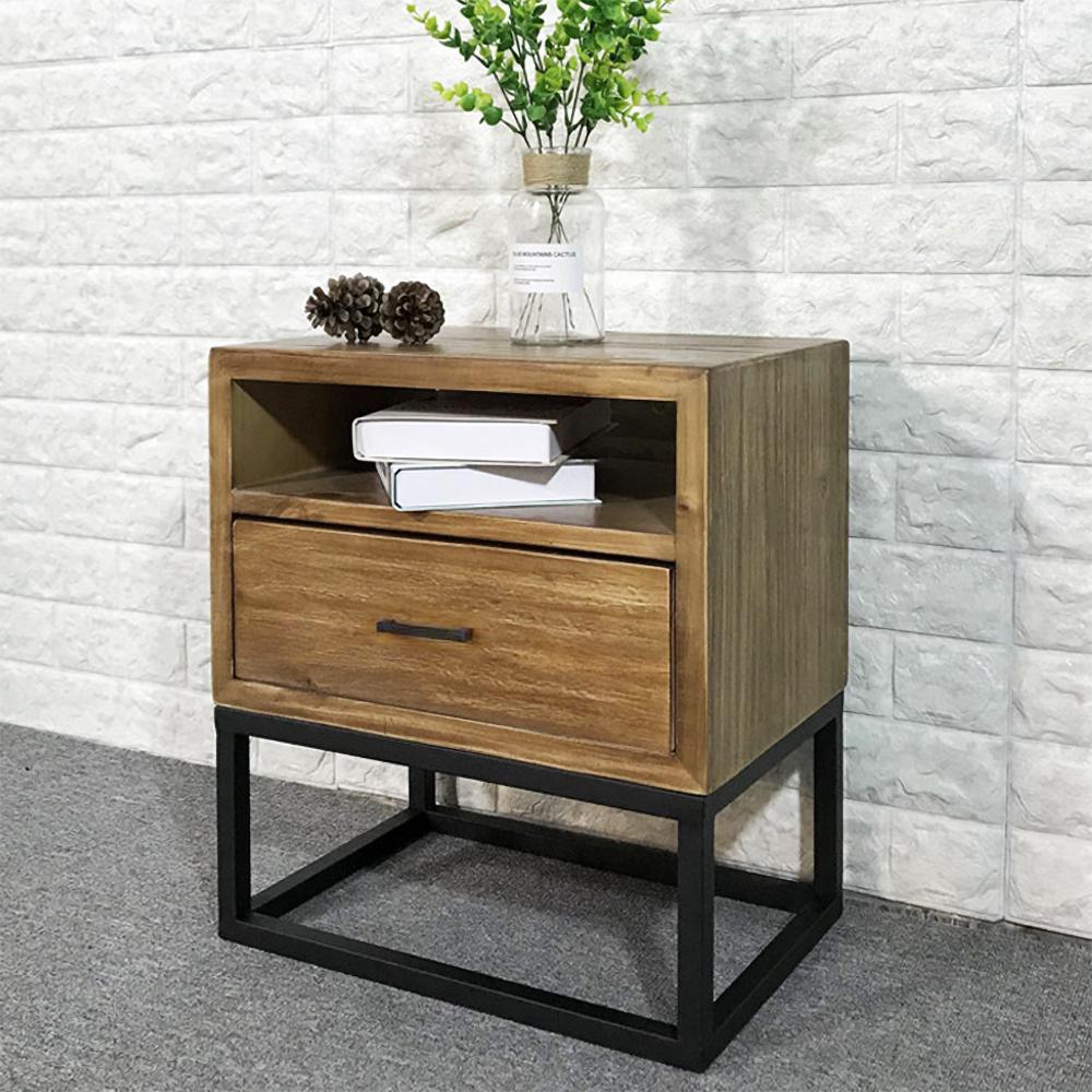 Industrial Nightstand Walnut Pine Wood Bedside Table with 1 Drawer in Black