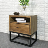 Industrial Nightstand Walnut Pine Wood Bedside Table with 1 Drawer in Black