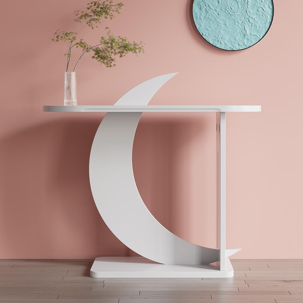 39.4" White Moon Shape Console Table Rectangular Wood Entryway Table with Abstract Base