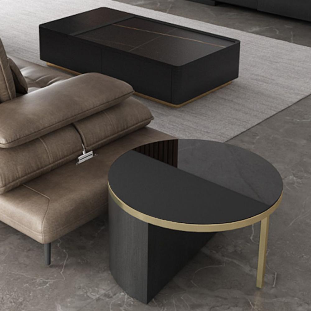 Modern Black Nesting Sintered Stone & Glass Coffee Table with 4 Storage Drawers Set of 2
