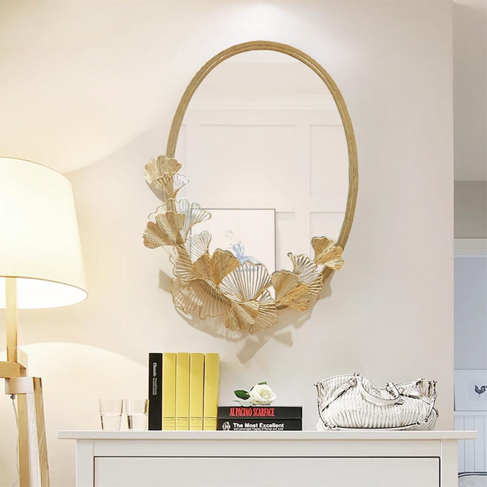 Glam Oval Hollow-out Ginkgo Leaves Gold Metal Wall Mirror