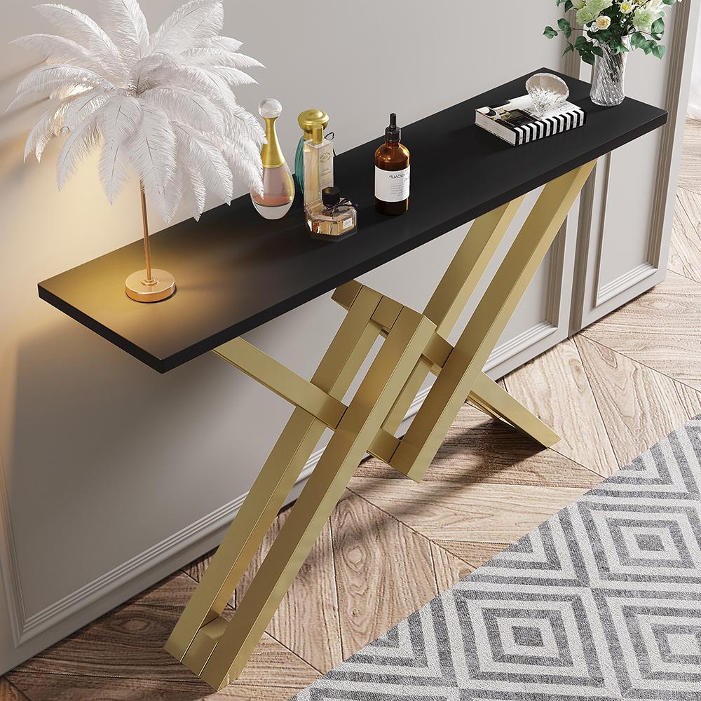 Black & Gold Narrow Console Table Accent Table For Entryway X Base Metal in Small