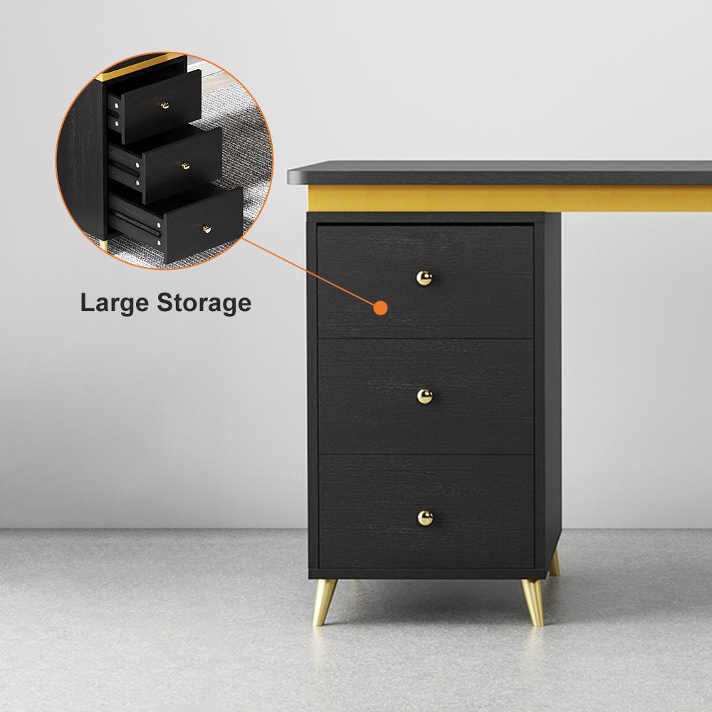 Modern 55" Wooden Home Office White Computer Desk with 3 Drawers & Side Cabinet in Gold