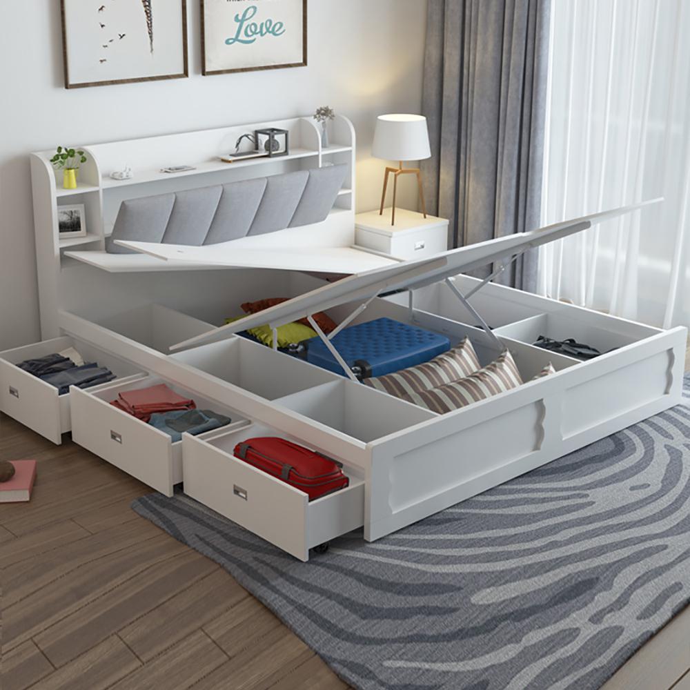 Modern White Storage Bed Low Profile Queen Bed with 3 Drawers