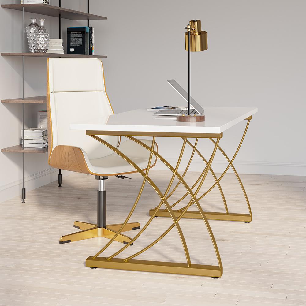 47" Modern White Rectangular Home Office Desk with Pine Wood Table Top & Gold Frame