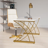 47" Modern White Rectangular Home Office Desk with Pine Wood Table Top & Gold Frame