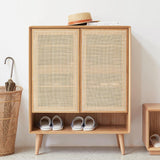 Farmhouse Natural Shoe Storage Cabinet Rattan 2 Doors & 4 Shelves Entryway Shoe Cabinet