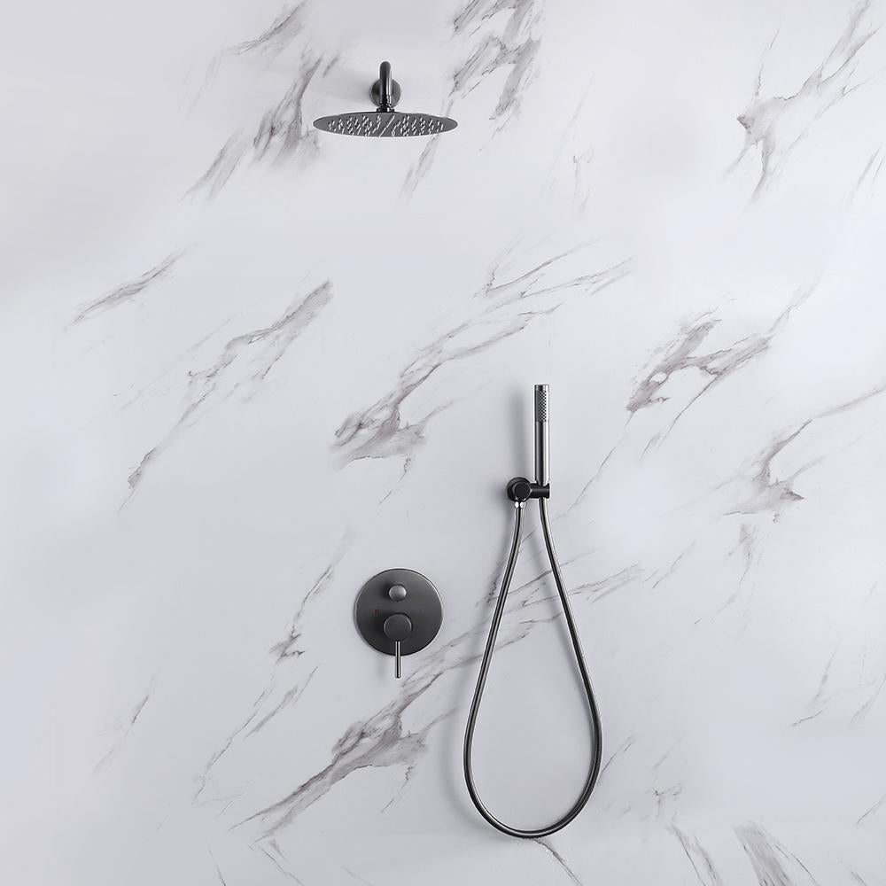 Brushed Gold 10" Round Rainfall Shower Head Wall Mounted Rain Shower System with Handheld Shower Solid Brass
