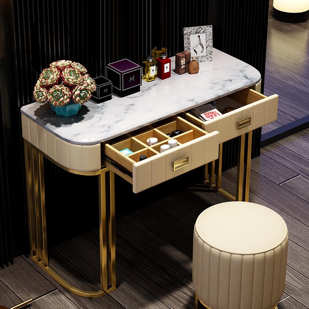 Faux Marble Tabletop Dressing Makeup Table with Drawers Metal Base in Gold