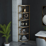 70.9" Fan-shaped Gold & White Corner Bookshelf Bookcase in 6 Shelves