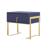 Modern Nightstand with Drawer, PU Leather in Deep Blue, Gold Leg
