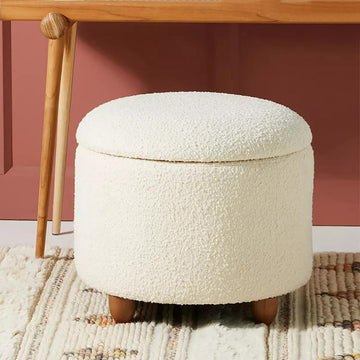 White Boucle Vanity Stool with Flip Top Storage Round Ottoman, Walnut Legs