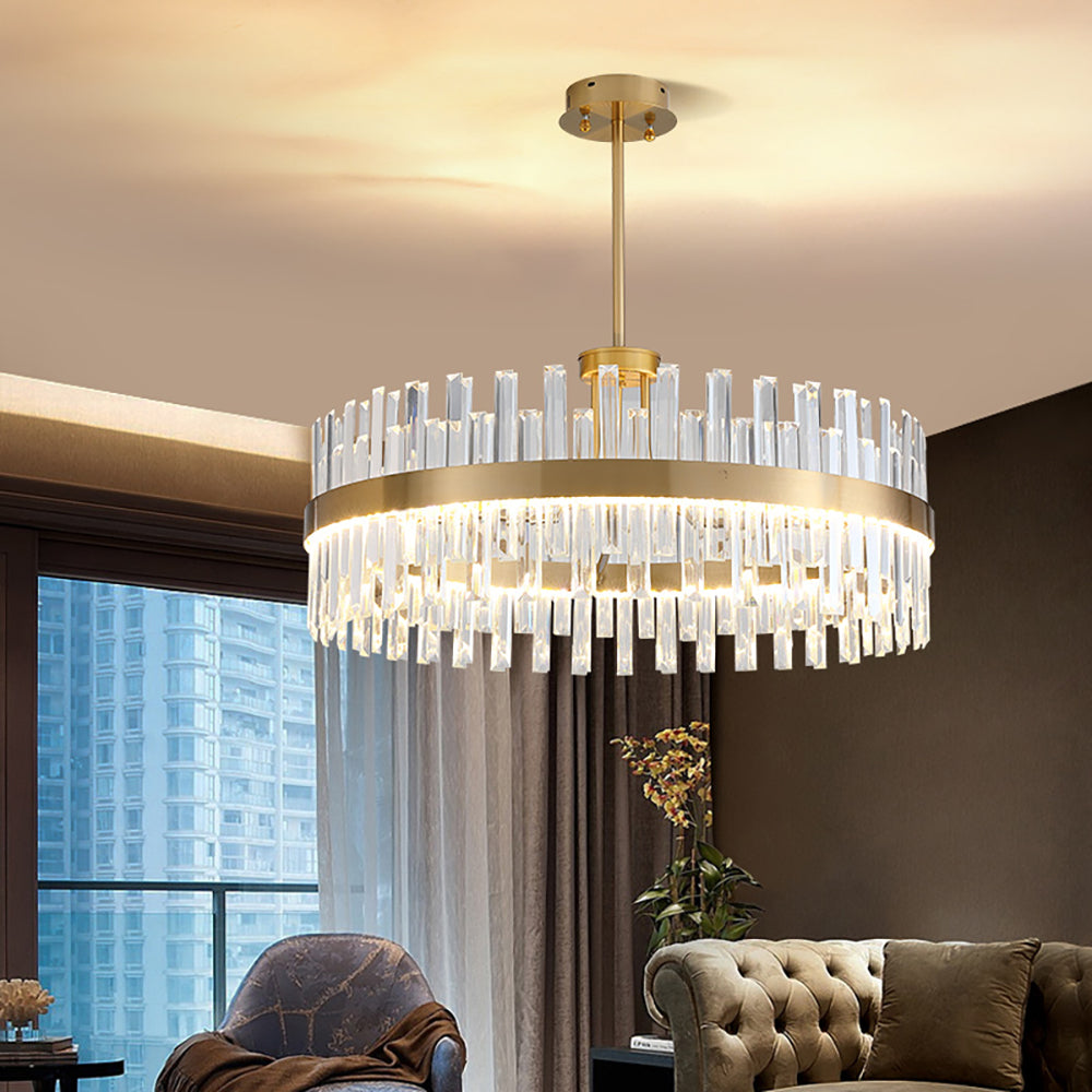 Modern Crystal Stripe Chandelier with Round Frame in Brass
