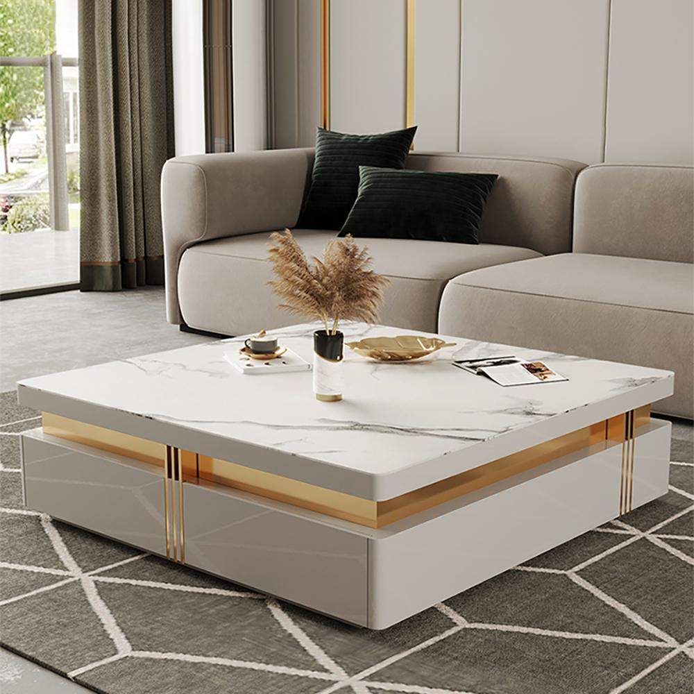 43.3" Modern Black Square Storage Coffee Table Stone Top & 4 Wood Drawers-Richsoul-Coffee Tables,Furniture,Living Room Furniture