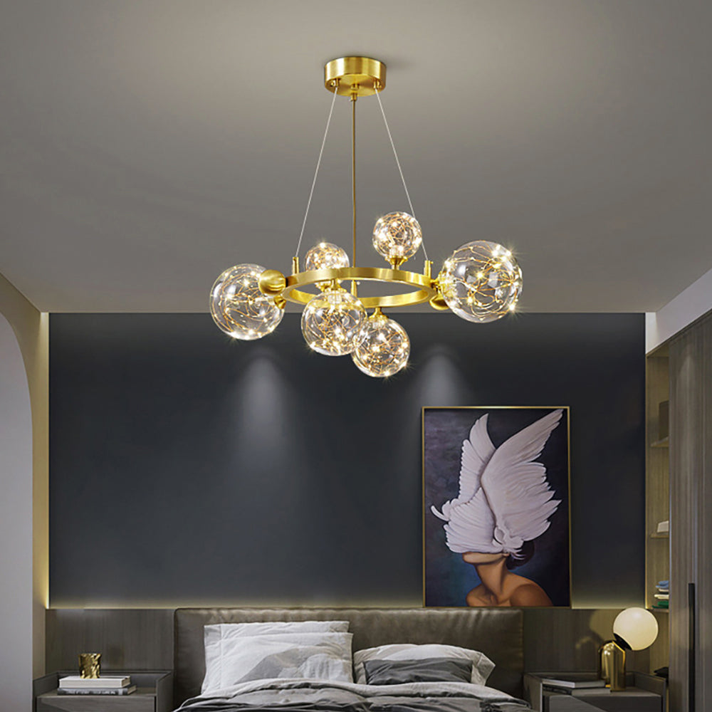 Gold 12-Light Glass Globe LED Chandelier with Adjustable Cable