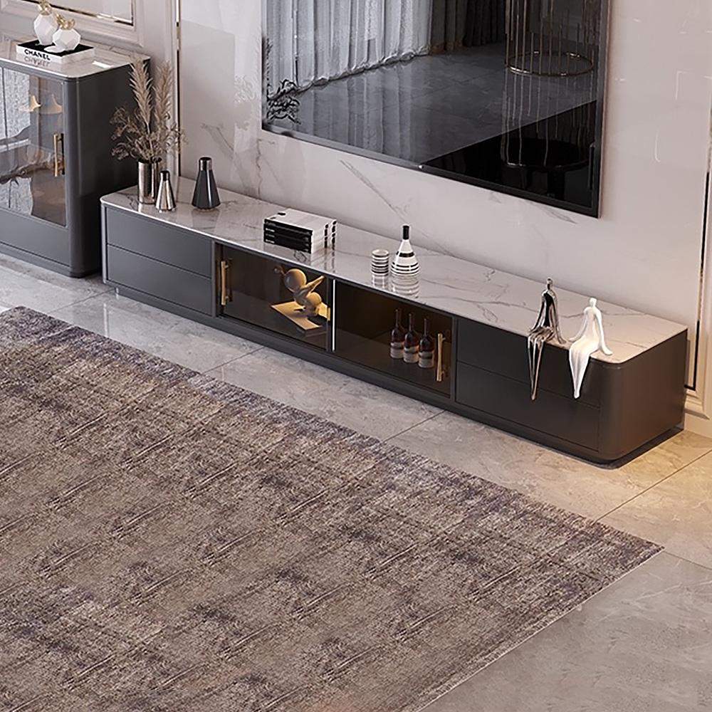 Black TV Stand Stone Top 4-Drawer Glass Doors Media Console in Small-Richsoul-Furniture,Living Room Furniture,TV Stands