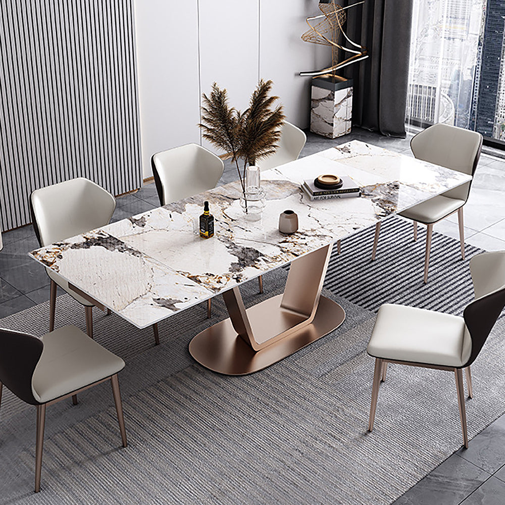 Rectangle Extendable Dining Table with Stone Top & Stainless Steel Base