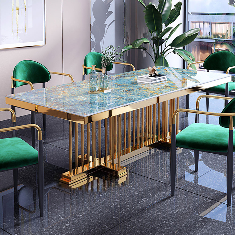 78.8" Modern Large Rectangular Glossy Stone Dining Table Gold Stainless Steel Pedestal