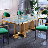 78.8" Modern Large Rectangular Glossy Stone Dining Table Gold Stainless Steel Pedestal