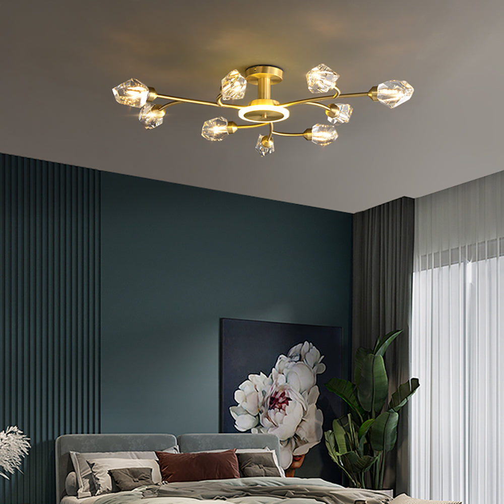 Brass 12-Light Sputnik Crystal Semi-Flush Mount Light for Living Room and Dining Room