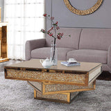 Modern Glam Mirrored Glass Coffee Table with Glitter Accents-Coffee Tables,Furniture,Living Room Furniture