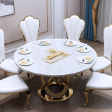 59" Modern White & Gold Round Marble Dining Table with Stainless Steel Pedestal