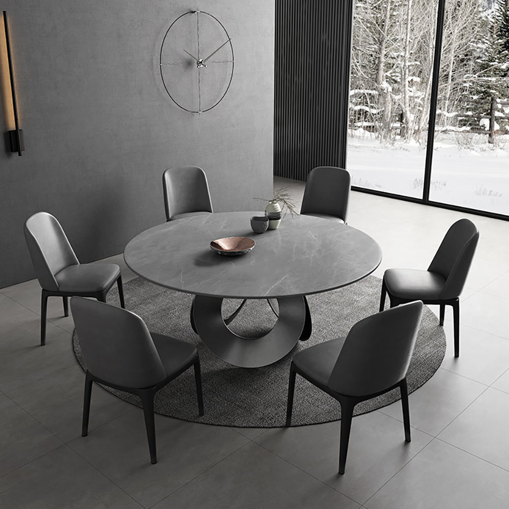51.2"Round Black Dining Table with Stone Top & Carbon Steel Base