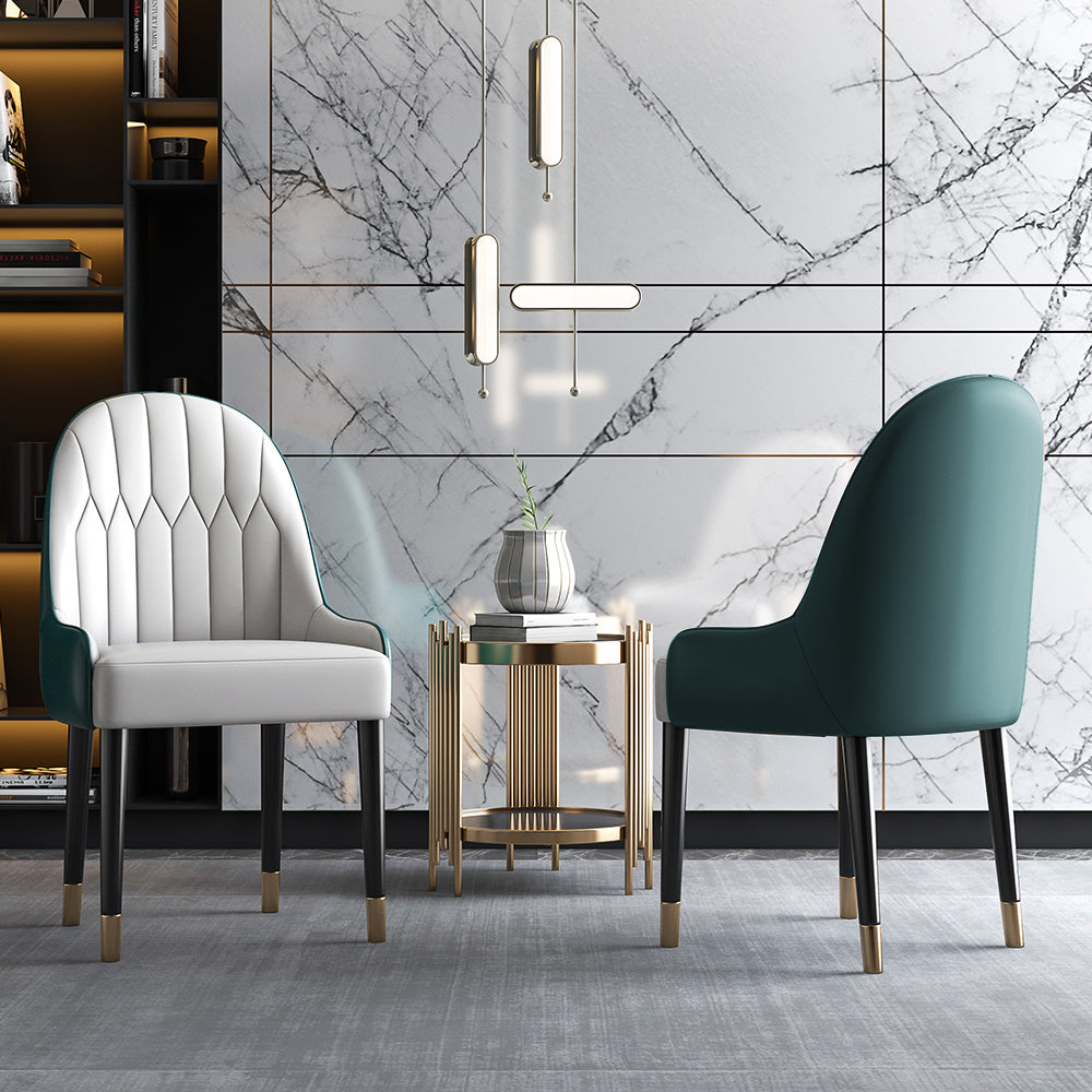 Modern PU Leather Set of 2 Dining Chairs in White & Green with Metal Legs