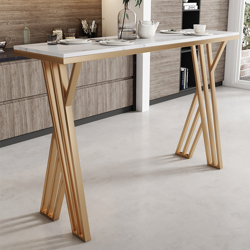 55" Modern High White Bar Table with Golden Double Pedestal