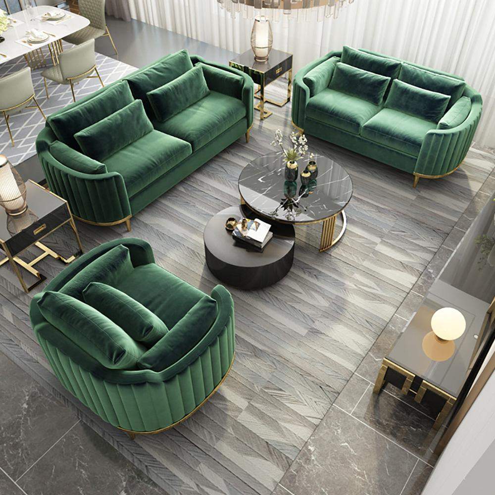 Modern Living Room Sets Green Velvet Upholstered Chair & Loveseat & Sofa 3 Pieces-Richsoul-Furniture,Living Room Furniture,Living Room Sets