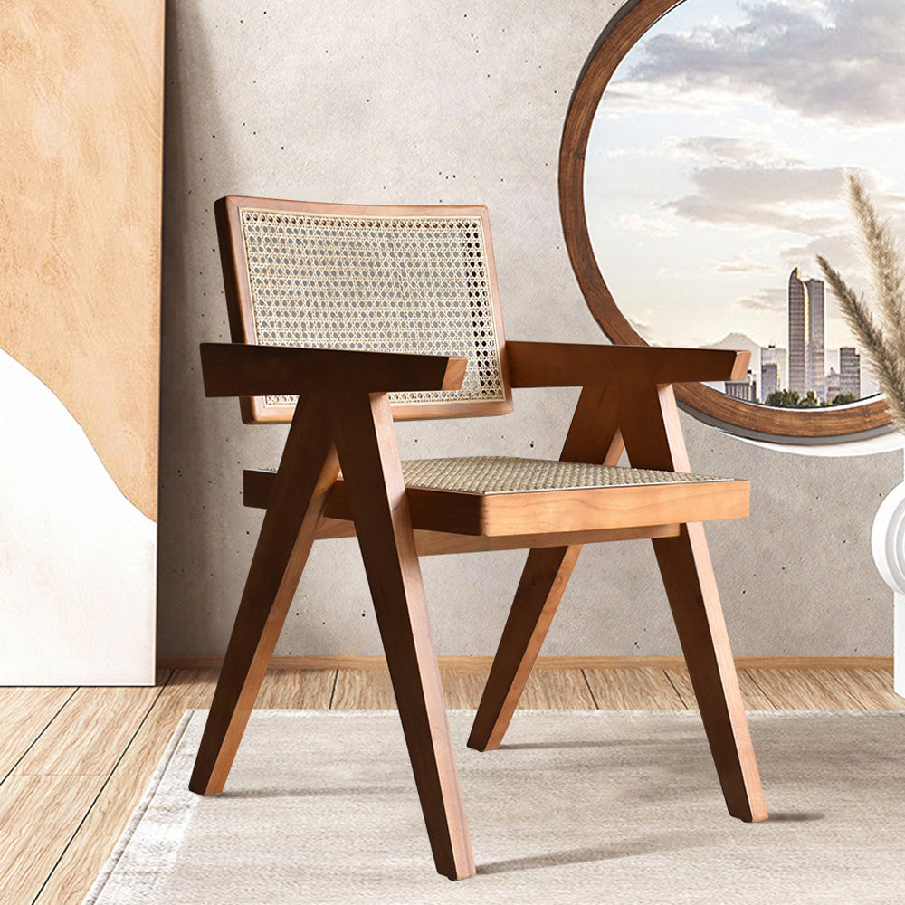 Walnut Contemporary Rattan Upholstered Dining Chair with Solid Wood Base