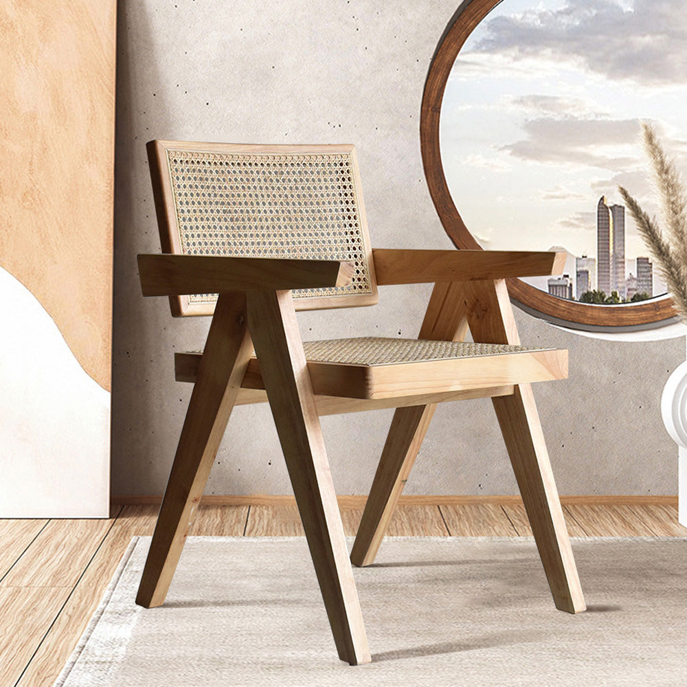 Natural Contemporary Rattan Upholstered Dining Chair with Solid Wood Base